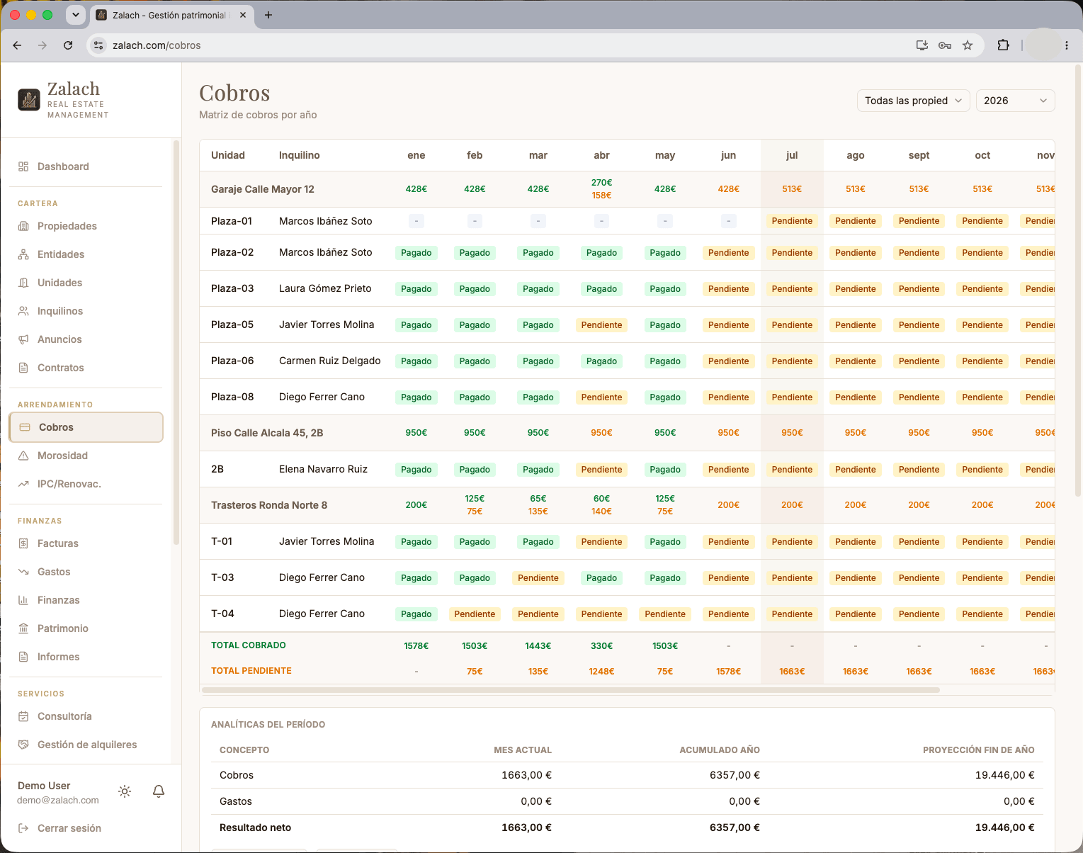 Software de gestión de alquileres de Zalach: matriz de morosidad y cobros