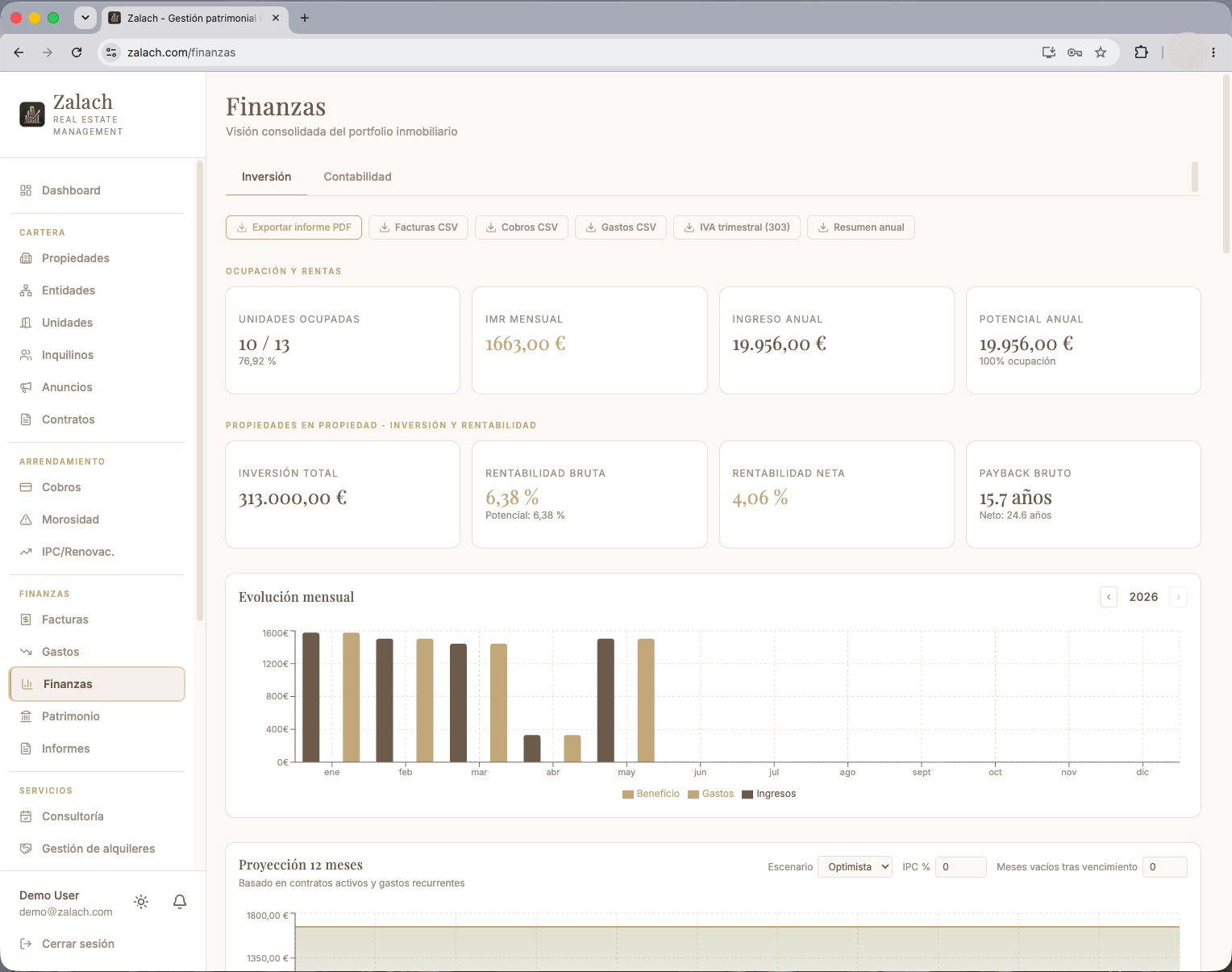 Software de gestión de patrimonio inmobiliario de Zalach: rentabilidad y apalancamiento por activo