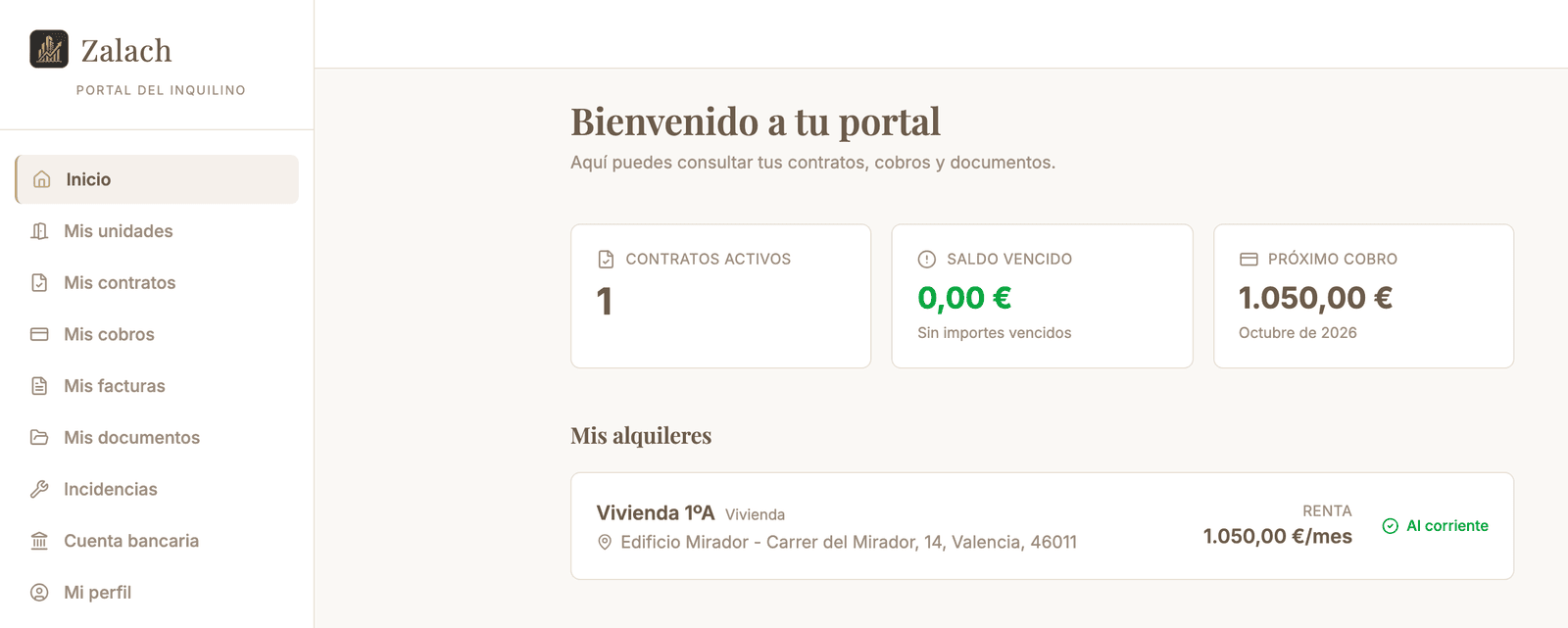 Portal del inquilino de Zalach con su menú lateral: mis unidades, mis contratos, mis cobros, mis facturas, mis documentos, incidencias, cuenta bancaria y mi perfil