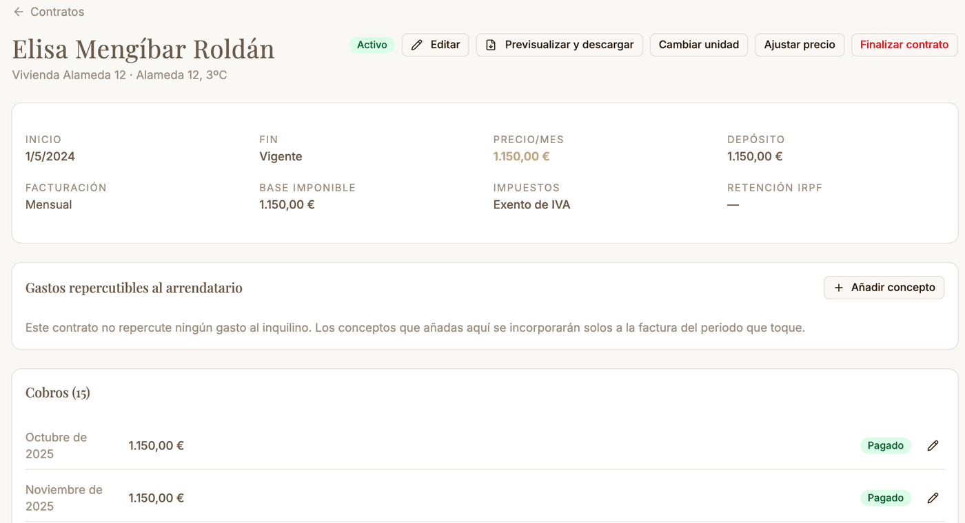 Ficha de contrato en Zalach: cabecera con el inquilino y la unidad, barra de acciones y bloque con los datos del contrato