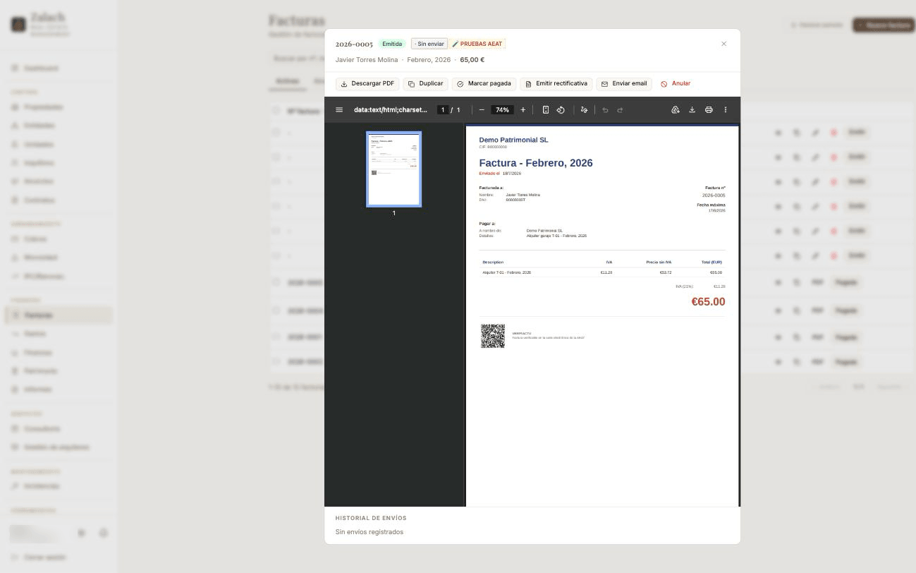 Factura de alquiler con QR Verifactu generada por Zalach